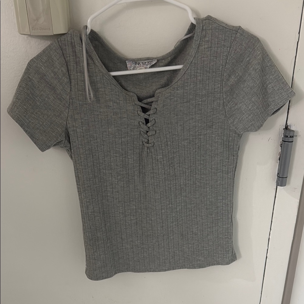Brandy Melville Gray Fitted Tie Front Tee
